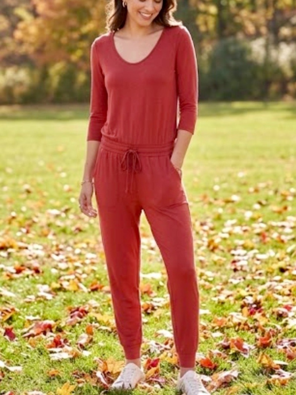 Albion Merry V-Neck Long Sleeve One Piece Jumpsuit XS Red Comfy Lounge Travel
